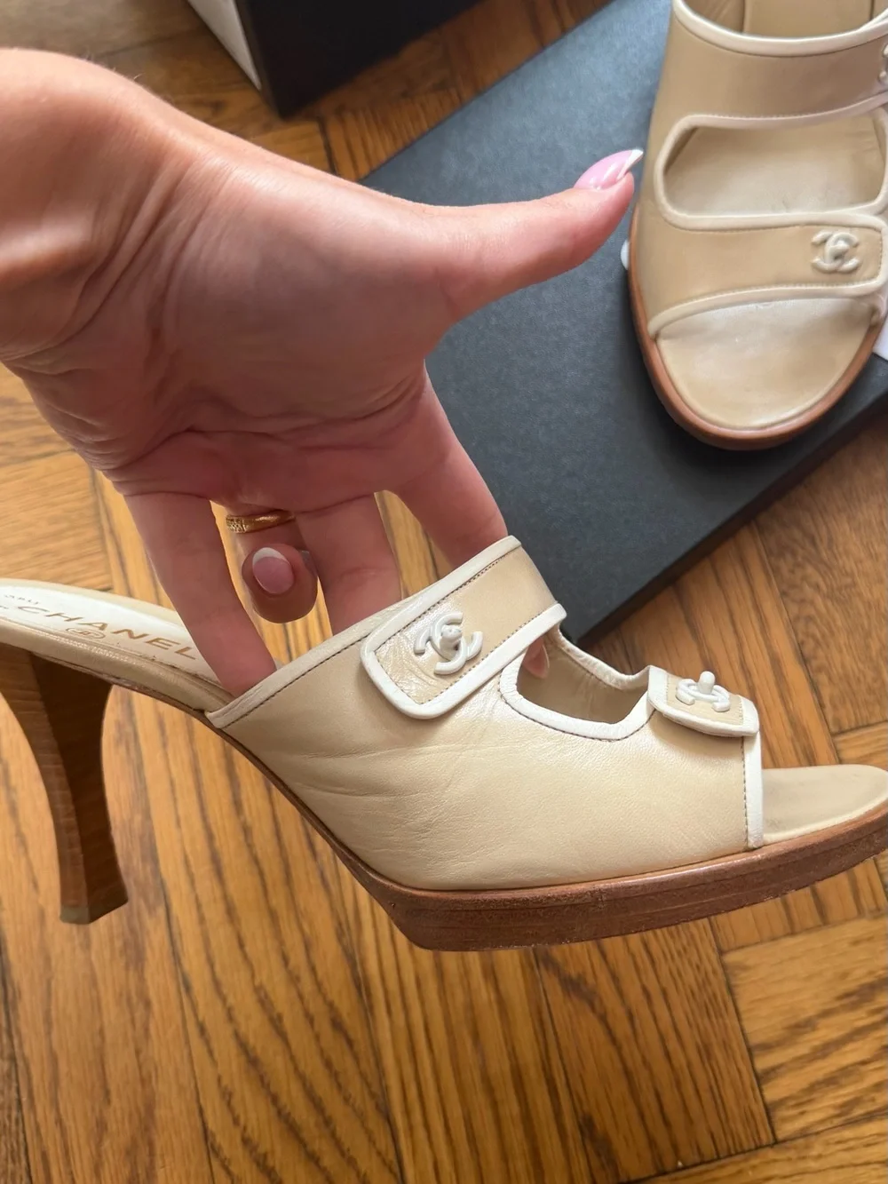 CHANEL Tan and Cream Double-Strap Slide Mules with CC Emblems